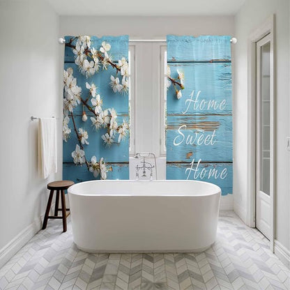 Farmhouse Wooden Grain Kitchen Curtains, Vintage Shabby Chic Flower Blue Light Filtering Window Curtain Panels, 2Pcs Rod Pocket Window Treatments Set for Living Room Bathroom Bedroom 52x72 Inches