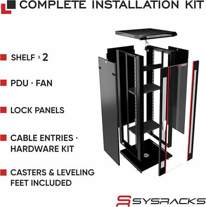 Sysracks 27U Wall Mount Server Rack Cabinet, 19” Locking Network Rack, 24” Deep, Glass Door, with Fan, PDU and Shelf