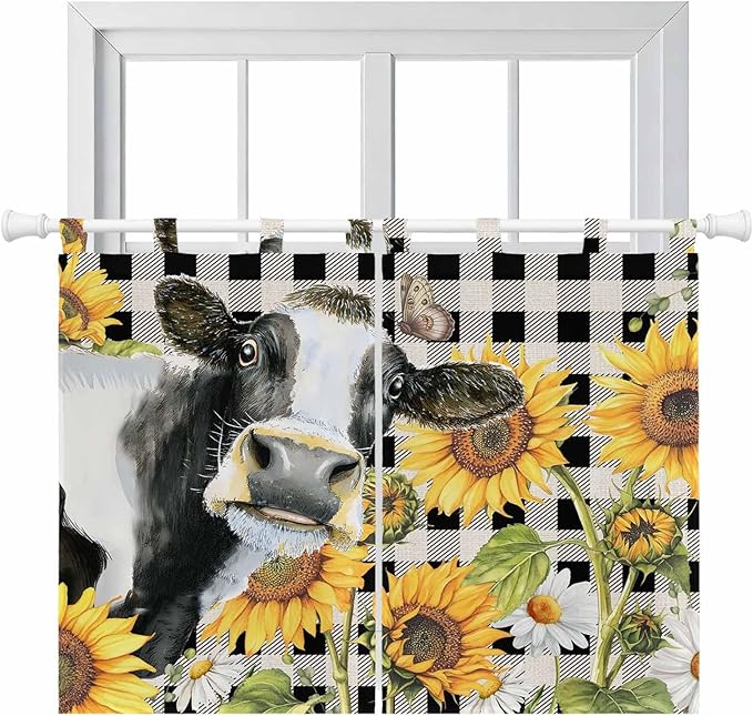 Retro Sunflowers Kitchen Curtains 45 Inch Length, Short Cafe Window Curtains Tab Top, Farmhouse Floral Cow Butterfly Black Plaid Light Filtering Window Treatments Tier Drapes 27.5"x45" 2 Panel