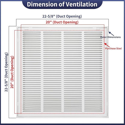 20"W x 20"H [Duct Opening Size] Steel Return Air Filter Grille - Removable Face/Door for 1 inch Filters -HVAC Vent Cover Grill - White [Outer Dimensions: 22 5/8"W X 22 5/8"H]