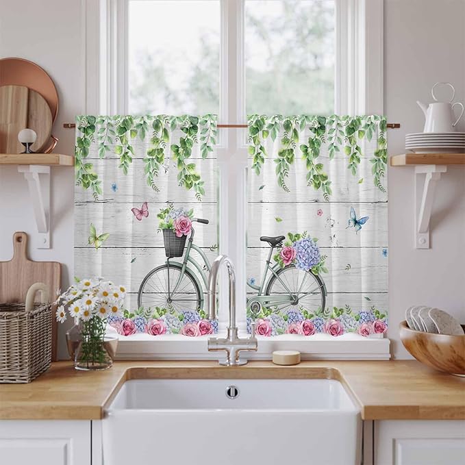 Spring Tier Curtains, Bicycles Botanical Rose Leaves Butterfly Wood Grain Light Filtering Kitchen Curtains, 2Pcs Rod Pocket Half Window Treatments Panels for Sink Cafe Cabinet Basement 27.5x45 Inches