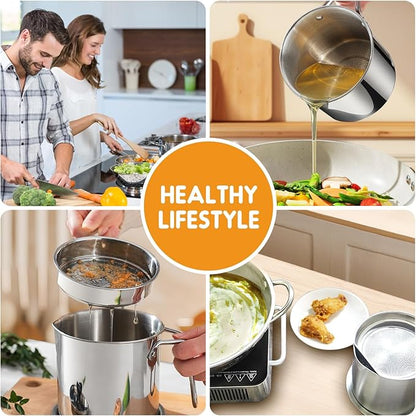Chihee Grease Container Stainless Steel Bacon Grease Saver with Fine Mesh Strainer 2L / 67.6 fl oz Oil Container Grease Can with Dust-proof Lid Non-slip Tray for Kitchen Storing Frying Cooking Grease
