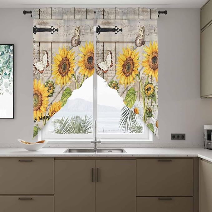 Farm Flowers Swag Valances for Windows, Retro Sunflowers Barn Doors Butterfly Wood Board Rod Pocket Kitchen Curtains Valance, Small Window Curtains Swag for Cafe Living Room, 2 Panels, 36x36 inch