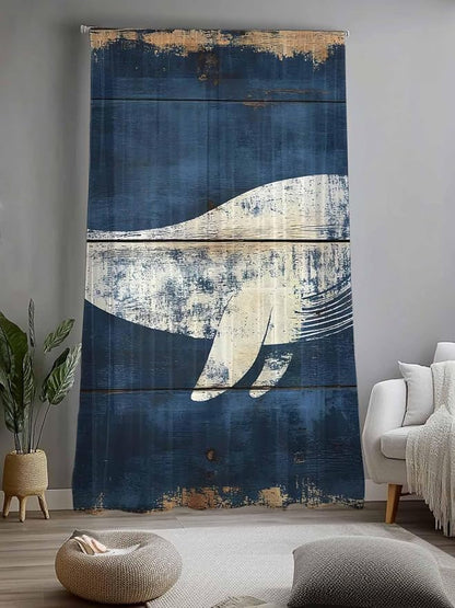 Sheer Curtains 108 Inches Long, Ocean Whale Blue Semi Sheer Curtains Light Filtering Window Treatment, Summer Sea Vintage Wooden Grain Privacy Voile Drapes for Living Room Bedroom 52x108 Inch