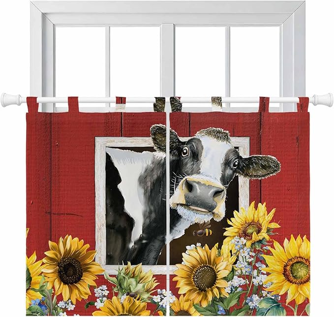 Cows Sunflowers Kitchen Curtains 45 Inch Length, Short Cafe Window Curtains Tab Top, Spring Botanical Floral Bees Red Barn Light Filtering Window Treatments Tier Drapes 27.5"x45" 2 Panel
