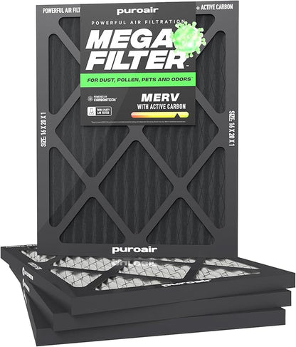 PuroAir MegaFilter - 16x20x1 Air Filter MERV 13 Activated CarbonTech Defense - Heavy Duty 3 Layer Furnace Filters Allergens, Pollen, Dust, Pet Dander, Smoke, Odors - HVAC Air Filter 16x20x1 (4-Pack)