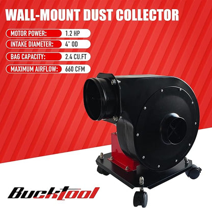 BUCKTOOL 1.2HP Wall Mount Dust Collector for Woodworking, 660 CFM Airflow, 2-Micron Dust Filter Bag, Shop Dust Collection, DC30CW