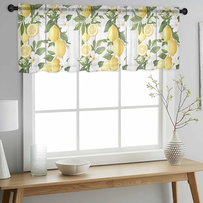 Spring Summer Lemon Sheer Valance Curtains, Leaf Flower White Wood Grain Light Filtering Kitchen Valances Rod Pocket Voile Curtain Window Treatment for Bedroom/Living Room/Basement 54Wx18L