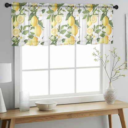Spring Summer Lemon Sheer Valance Curtains, Leaf Flower White Wood Grain Light Filtering Kitchen Valances Rod Pocket Voile Curtain Window Treatment for Bedroom/Living Room/Basement 54Wx18L