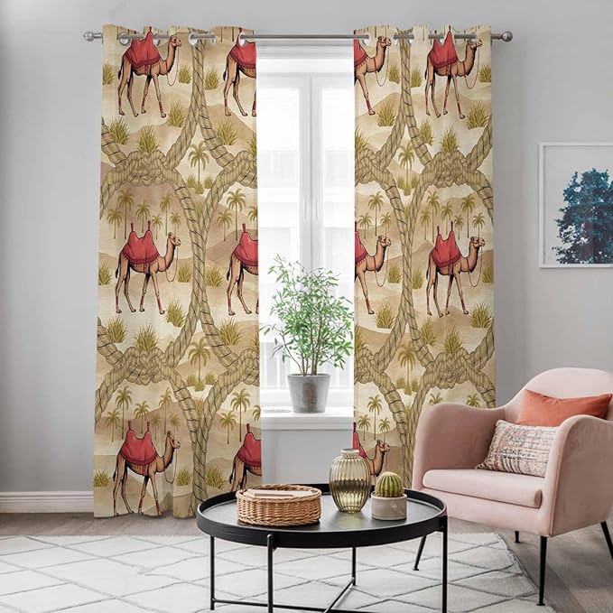 2 Panel Kitchen Cafe Curtains, Desert Camels Sunlight Filtering Nature Air Through, Home Decor Window Covering Tier Curtains for Living Room 104W x 96L inch Tropical Palm Trees Sand Cords Brown