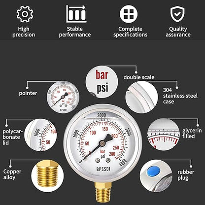0-4000 Psi Glycerin Liquid Filled Hydraulic High Pressure Gauge, 2.5" Dial Size, 1/4" NPT Lower Mount, 304 Stainless Steel Case, for Water Oil Air Gas Pressure Test