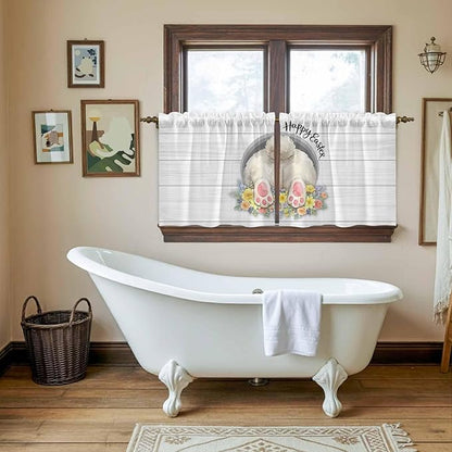 Easter Bunny Kitchen Tier Curtains 36 Inch Long 2 Panel Set,Rod Pocket Half Window Curtains Over Sink,3D Optical Illusion Farmhouse Flower Wood Grain Light Filtering Short Drapes Cafe 27.5"W x 36"L