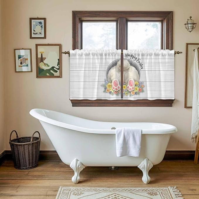 Easter Bunny Kitchen Tier Curtains 24 Inch Long 2 Panel Set,Rod Pocket Cafe Small Window Curtains Over Sink,3D Optical Illusion Farmhouse Flower Wood Grain Light Filtering Short Drapes 27.5"W x 24"L