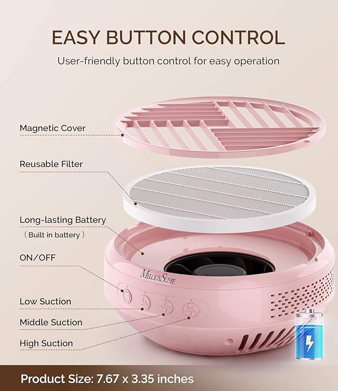 MelodySusie Advanced Cordless Portable Nai DustCollector, SProR 3500RPM Powerful Nail Vacuum Fan with 3 Suction Modes,Reusable Filter & Low Noise for Mobile Nail Tech, DIY Nail Artist & Home Use