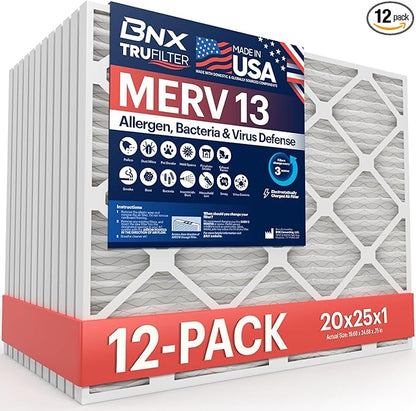 BNX TruFilter 20x25x1 MERV 13 (12-Pack) AC Furnace Air Filter - MADE IN USA - Electrostatic Pleated Air Conditioner HVAC AC Furnace Filters - Removes Pollen, Mold, Bacteria, Smoke