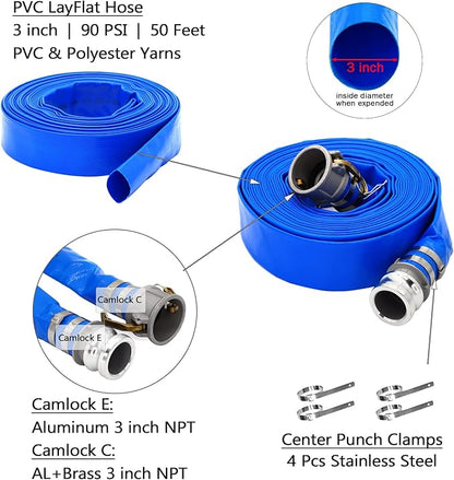 DAVCO 3" ID × 50 ft PVC Lay Flat Discharge Hose, Heavy Duty Reinforced Blue Pool Backwash Hoses For Swimming Drain Pools, with Aluminum Camlock C and E Fittings, Cam Lock Fitting Type A included