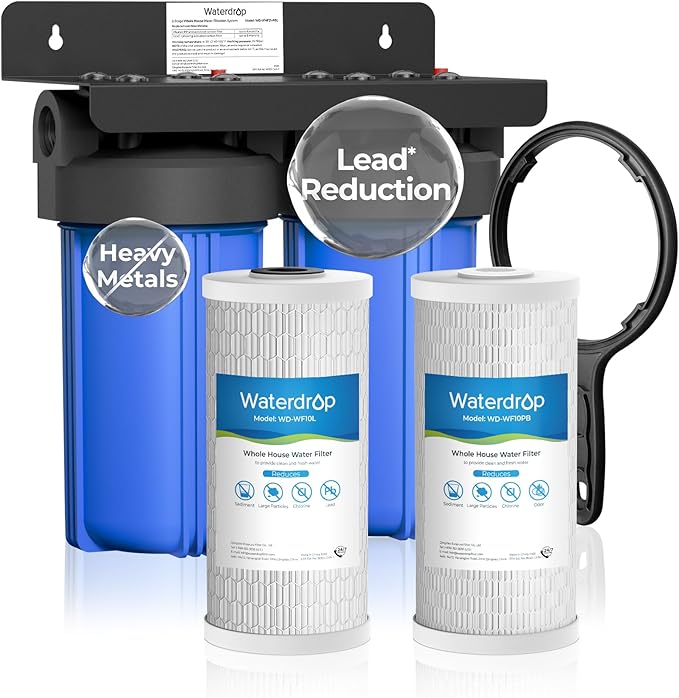 Waterdrop 2 Stage Whole House Water Filter System, with Carbon and Sediment Filter, Highly Reduce Lead, PFAS and Heavy Metals, Taste, 5-Stage Filtration, WD-WHF21-PBL, 1" Inlet/Outlet