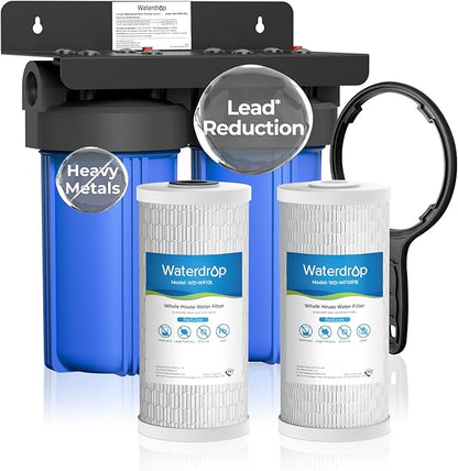 Waterdrop 2 Stage Whole House Water Filter System, with Carbon and Sediment Filter, Highly Reduce Lead, PFAS and Heavy Metals, Taste, 5-Stage Filtration, WD-WHF21-PBL, 1" Inlet/Outlet