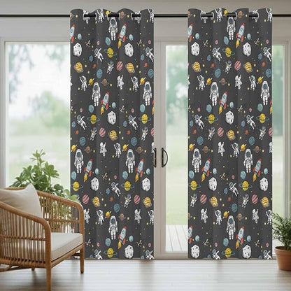 Cartoon Space Outdoor Curtains for Patio Rockets Planets Astronauts Gray Waterproof Outside Curtains with Grommet Top Weatherproof Curtain for Cabana Pergola Gazebo, 1 Panel, 54" W x 95" L