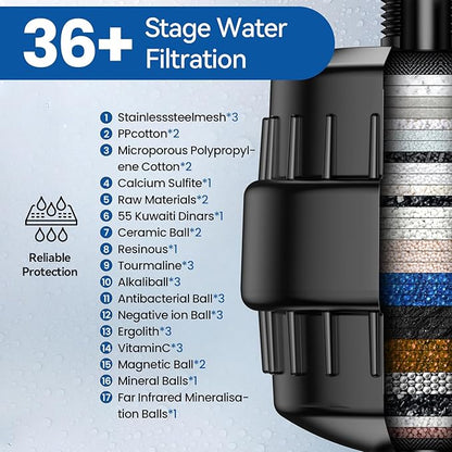 VOXON 36-Stage Shower Filter, Revitalize Hair Skin Nails with Purifying Water, Shower Head Filter for Hard Water 99% Lead Chlorine, Fluoride &Chemicals removed Improves Skin Hair Matte Black
