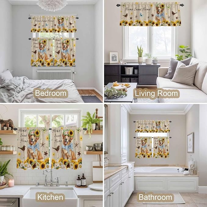 Kitchen Curtains Tiers and Valance Set of 3, Sunflowers Dog Light Filtering Window Curtain Set, Spring Watercolor Floral Stars on Linen Rod Pocket Curtain Drapes for Cafe, Living Room, 24 Inches Tiers