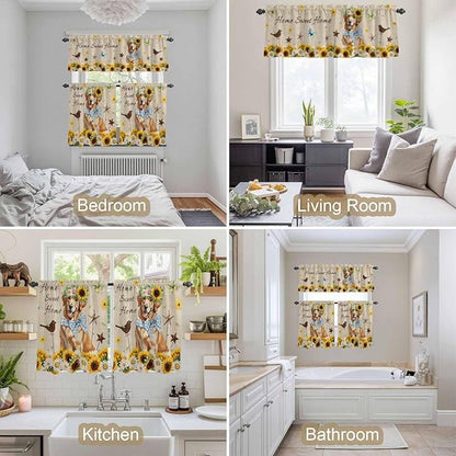 Kitchen Curtains Tiers and Valance Set of 3, Sunflowers Dog Light Filtering Window Curtain Set, Spring Watercolor Floral Stars on Linen Rod Pocket Curtain Drapes for Cafe, Living Room, 24 Inches Tiers
