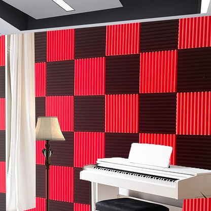 96 Pack Allxinlog Absorb the echo Acoustic Foam Panel Wedge Studio Soundproofing Wall Tiles 12" X 12" X 1" (48RED+48BLACK)