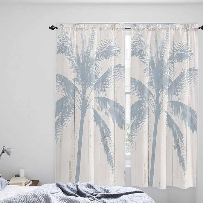 Summer Coconut Tree on Vintage Wood Grain Window Valance Curtains, Seaside Plants Light Filtering Kitchen Valance with 3-inch Rod Pocket for Living Room Bathroom Bedroom,2 Panel,52x72In