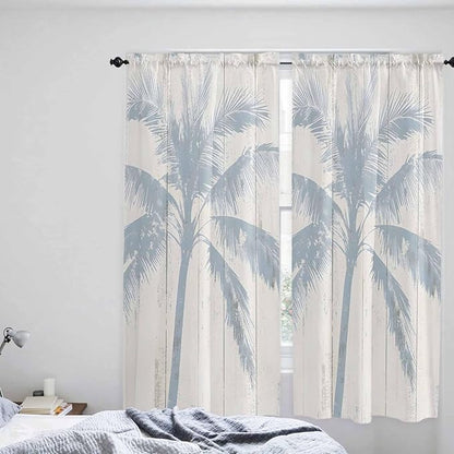 Summer Coconut Tree on Vintage Wood Grain Window Valance Curtains, Seaside Plants Light Filtering Kitchen Valance with 3-inch Rod Pocket for Living Room Bathroom Bedroom,2 Panel,52x72In