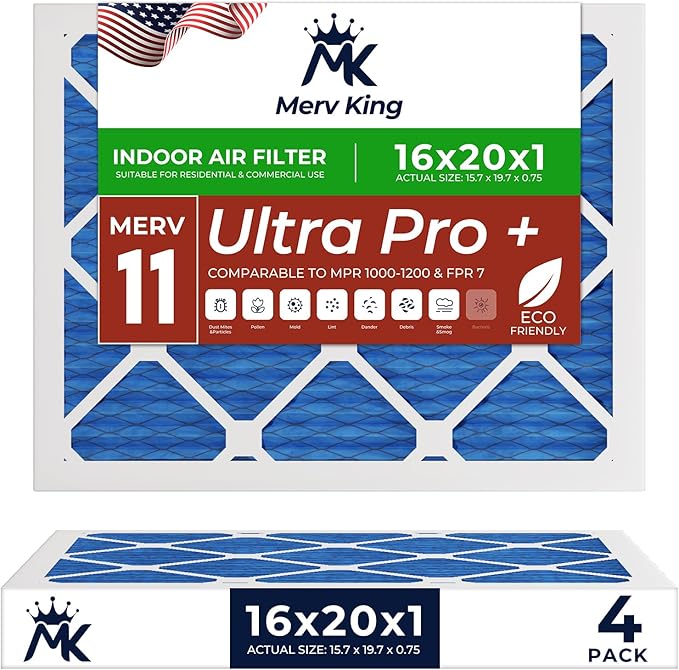 MervKing 16x20x1 Air Filter Actual Size: 15.7" x 19.7" x 0.75" MERV 11 MPR 1000-1200 | MADE IN USA | 4-Pack | Pleated HVAC AC Furnace Replacement