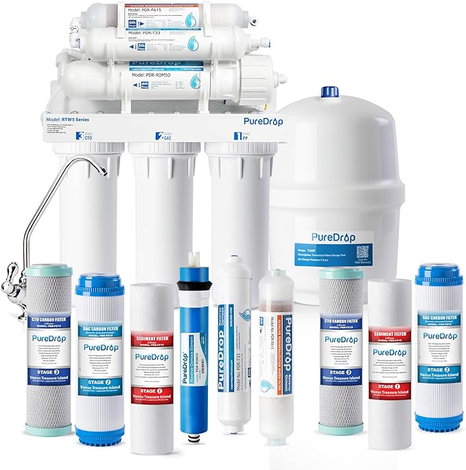 RTW5AK SGS-Tested Reverse Osmosis Alkaline Water Filter System, 6 Stage pH+ Alkaline Remineralization Under Sink RO Water Filtration System Plus Extra 3 Filters, 50 GPD