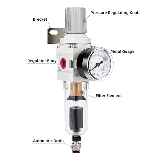 NANPU 1/4" NPT Compressed Air Filter Regulator Combo Piggyback, Auto Drain, 5 Micron Brass Element, Poly Bowl, Metal Bracket, 0-150 psi Gauge