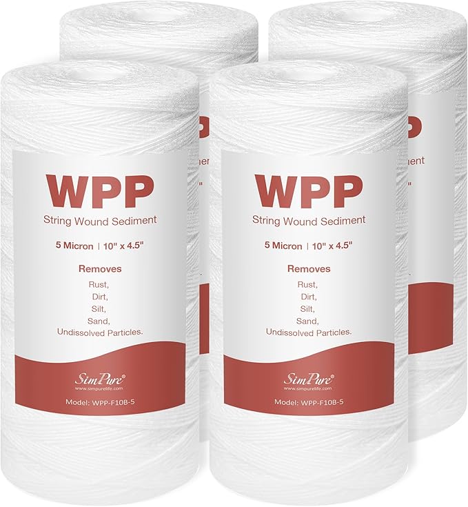 5 Micron 10" x 4.5" String Wound Water Filter Cartridge for Well Water, SimPure Whole House Sediment Filter Replacement for Housing DB10P DB10C (4 Pack)