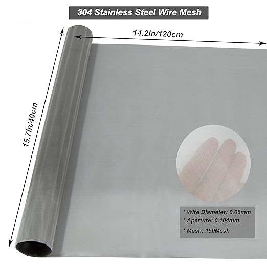 304 Stainless Steel Mesh 150Mesh, 15.7"x47.2"(40x120cm) Metal Mesh Screen, Woven Fine Wire Mesh Easy to Cut for Filter Mesh, Filtration Cloth and DIY Project