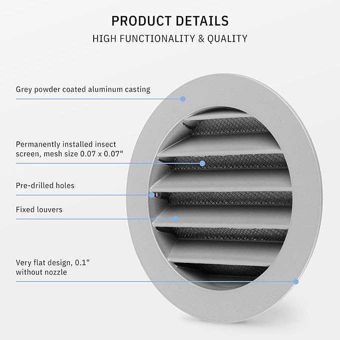 calimaero® WSGG 4" Inch Gray Round Metal Air Vent Grill Cover Flat Louver with Fly Screen Fits Only with Metal Ducts