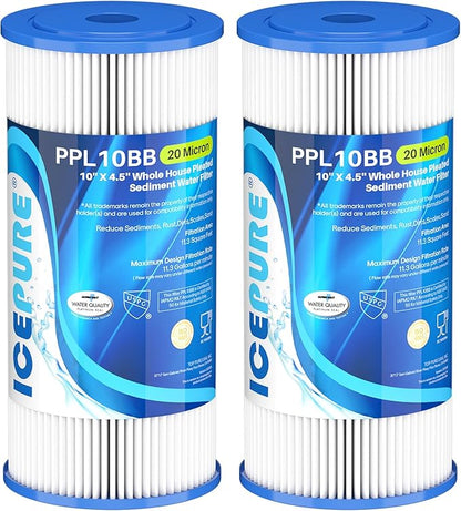 ICEPURE 20 Micron 10" x 4.5" Whole House Extra Coarse Pleated Sediment Filter for Well Water, Replacement Cartridge for GE FXHSC, DuPont WFHDC3001, R50-BB, Culligan R50-BBSA, W50PEHD, 2Pack