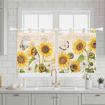 Yellow Sunflowers Kitchen Curtains 36 Inch Length, Small Window Curtains Tab Top, Country Farm Butterfly Flower Light Beige Light Filtering Short Window Treatments Tier Drapes 27.5"x36" 2 Panel