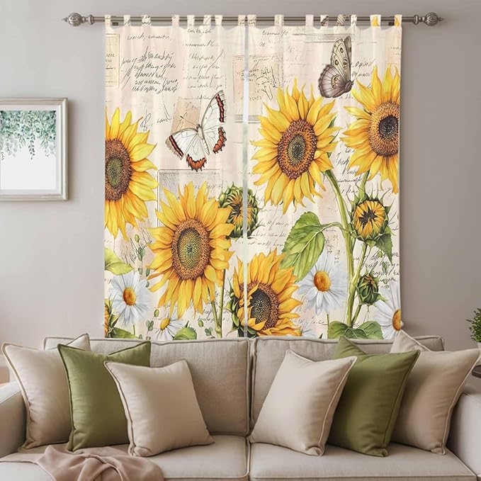 Yellow Sunflowers Living Room Curtains 84 Inch Length, Window Curtains Tab Top, Country Farm Butterfly Flower Light Beige Light Filtering Window Treatments Drapes 52"x84" 2 Panel