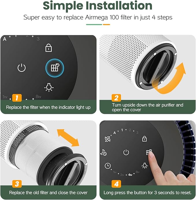 2 Pack Airmega 100 Filter Replacement Compatible with Coway Airmega 100 Air Purifier, 3-IN-1 Hepa Filter, Deodorization Filter with Activated Carbon