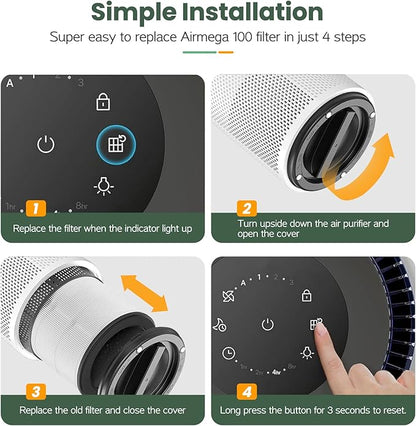 2 Pack Airmega 100 Filter Replacement Compatible with Coway Airmega 100 Air Purifier, 3-IN-1 Hepa Filter, Deodorization Filter with Activated Carbon