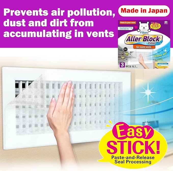 Aller Block Room Vent Filters – Anti-Allergenic, Captures Dust & Pollen, Peel & Stick, Easy Apply, FILTAN, Made in Japan, 3 Sheets