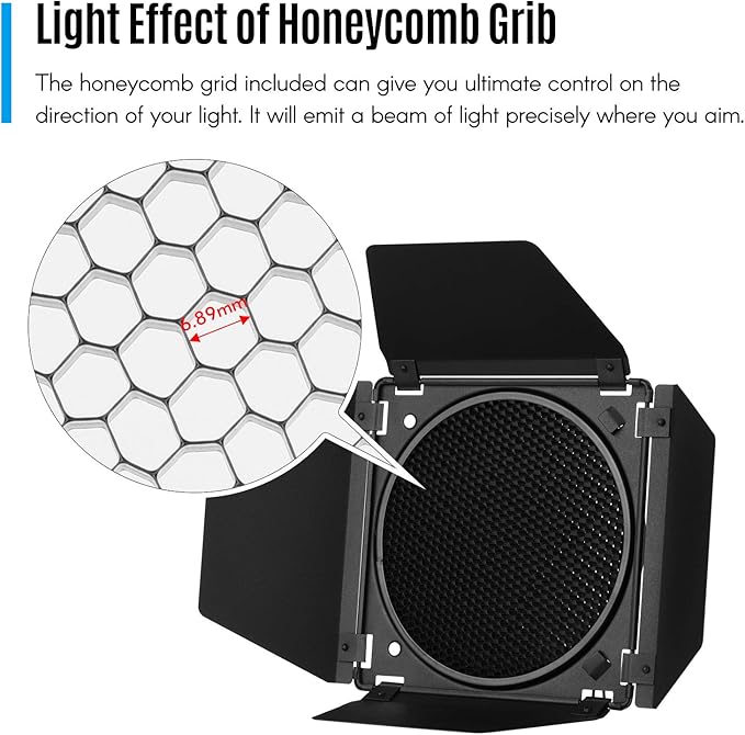 GODOX Barn Door with Honeycomb Grid 4 Color Gel Filters for 7 Inch Standard Reflector Replacement for GODOX SL60W SL150II SK400II Studio Light Portrait Still Life Photography
