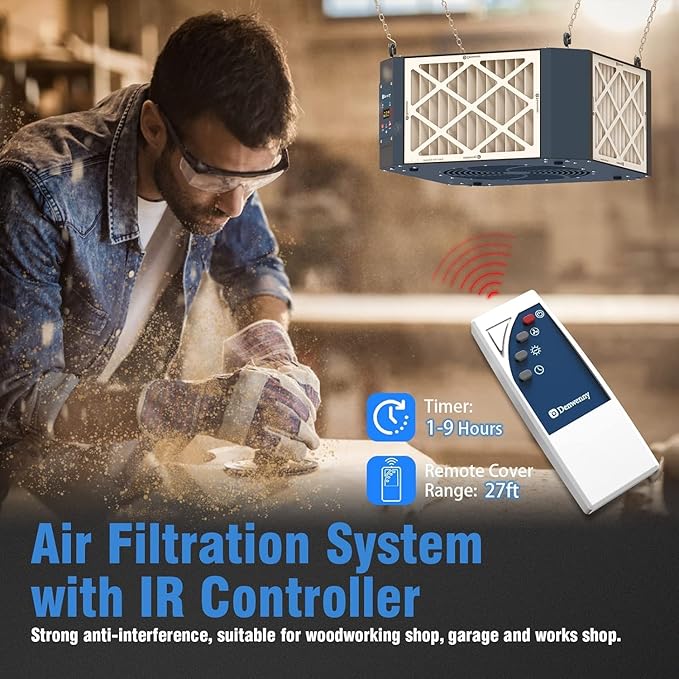 360 Degree Intake Air Filtration System Woodworking, 1050 CFM Hanging Air Filter with Strong Vortex Fan for Wood Workshop, Garage, Shop Dust Collectors, Up to 1700 sq. ft, Kingmaster F12