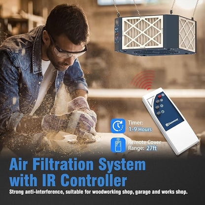 360 Degree Intake Air Filtration System Woodworking, 1050 CFM Hanging Air Filter with Strong Vortex Fan for Wood Workshop, Garage, Shop Dust Collectors, Up to 1700 sq. ft, Kingmaster F12