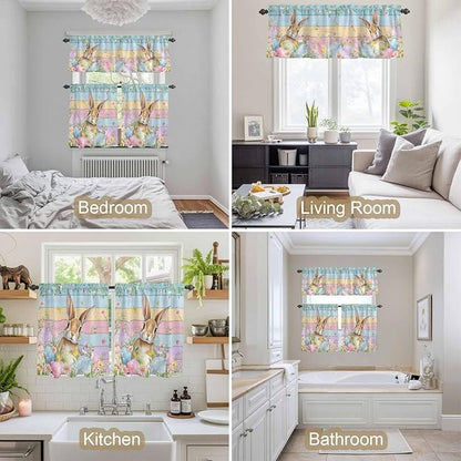 Kitchen Curtains Tiers and Valance Set of 3, Easter Light Filtering Window Curtain Set, Spring Rabbit Eggs Floral Colorful Wooden Grain Rod Pocket Curtain Drapes for Cafe, Living Room, 36 Inches Tiers