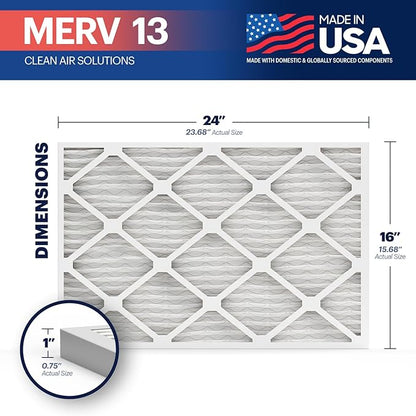 BNX TruFilter 16x24x1 Air Filter MERV 13 (12-Pack) - MADE IN USA - Electrostatic Pleated Air Conditioner HVAC AC Furnace Filters for Allergies, Pollen, Mold, Bacteria, Smoke, Allergen, MPR 1900 FPR 10