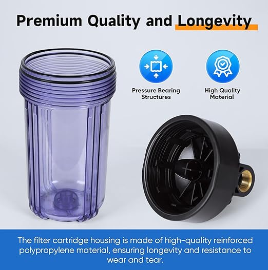 PUREPLUS 2-Stage Whole House Water Filtration System, Reduces Chlorine, Odor, Heavy Metals & Rust, 10"x4.5" Clear Housing, 1" Inlet/Outlet, PP Grooved Sediment&KDF Carbon Filters, With Pressure Gauges