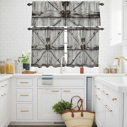 Kitchen Curtains Tiers and Valance Set of 3, Vintage Gate Light Filtering Window Curtain Set, Farmhouse Wooden Grain Shabby Chic Door Rod Pocket Curtain Drapes for Cafe, Living Room, 36 Inches Tiers