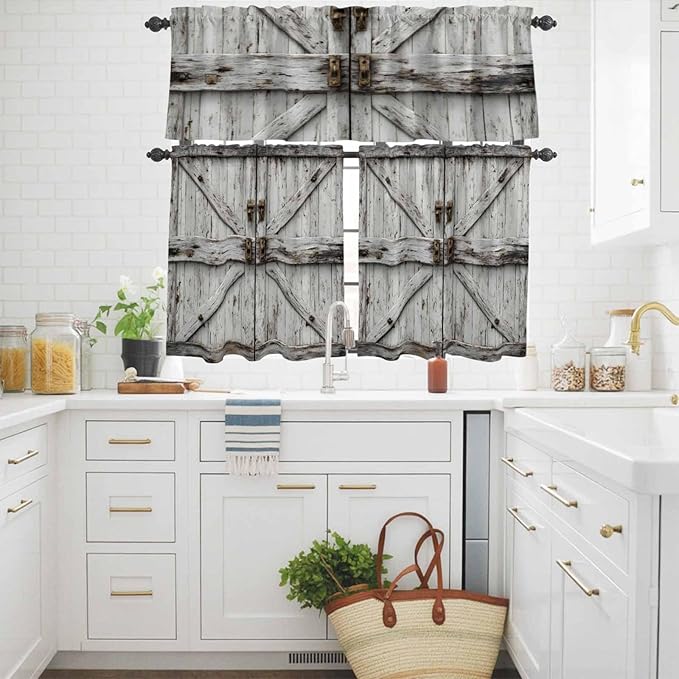 Kitchen Curtains Tiers and Valance Set of 3, Vintage Gate Light Filtering Window Curtain Set, Farmhouse Wooden Grain Shabby Chic Door Rod Pocket Curtain Drapes for Cafe, Living Room, 24 Inches Tiers