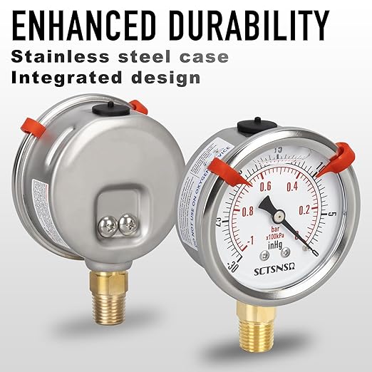-30 inHg to 0 Vacuum Pressure Gauge, Glycerin Liquid Filled, 2.5 inch Dial, 1/4" NPT Lower Mount, Stainless Steel Case, for Air Conditioning Line, Tank, Air Pump, HVAC, Pipe, Pressure Test